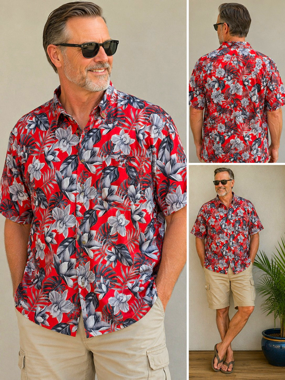 Haband Travelers Men’s Hawaiian Shirt Red Gray Tropical Floral Button Up XL? Vin